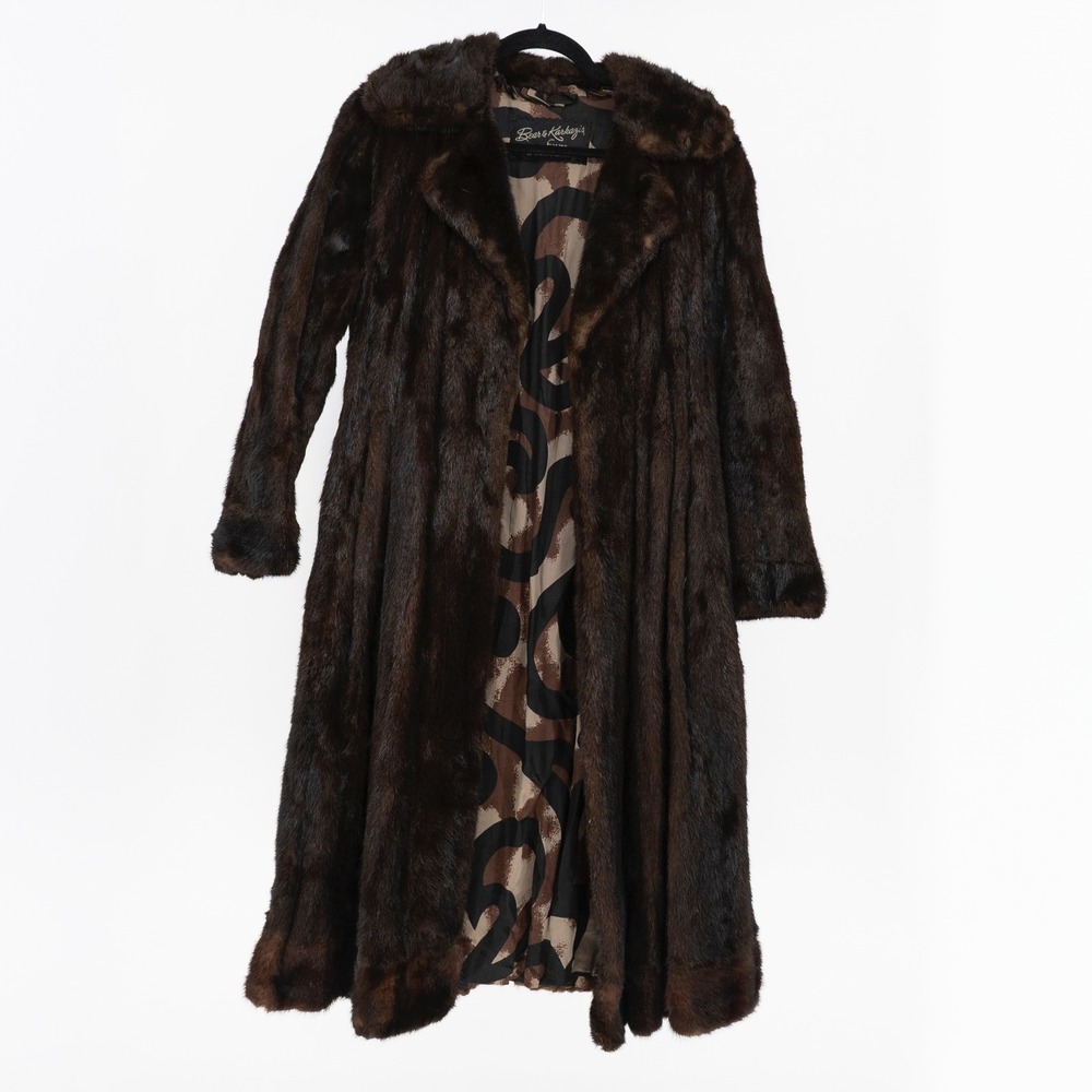 Bear & Karkazis Vintage Genuine Fur Silk Lined Full Length Coat Jacket Brown